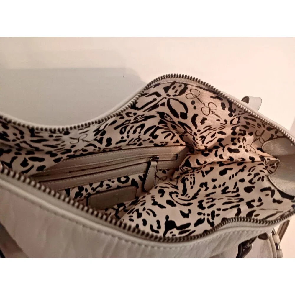 Jessica Simpson Hobo Bag Bone Leopard Print Lining Silver Hardware Crossbody